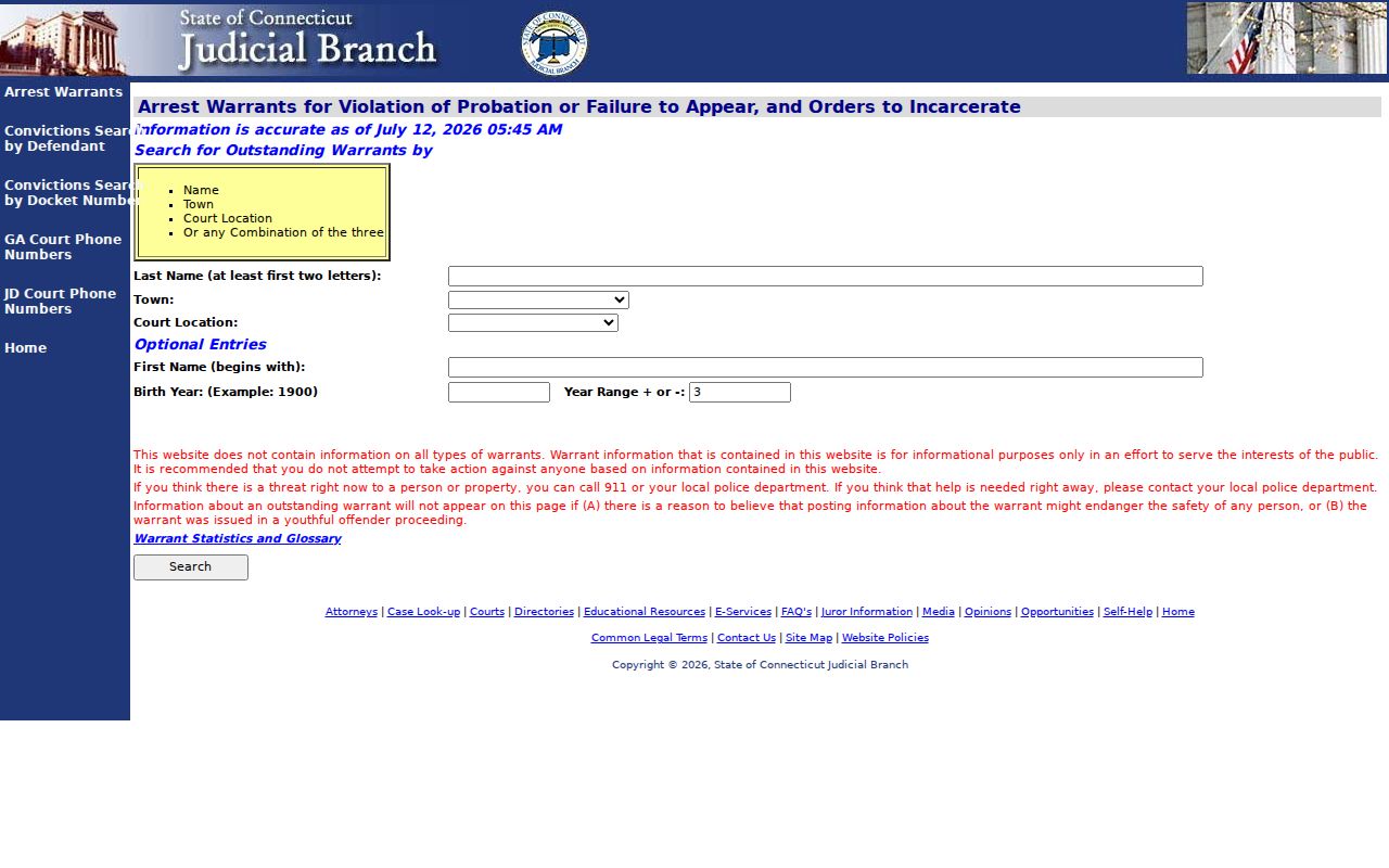 Town of Stratford County arrest records and court charges warrant lookup