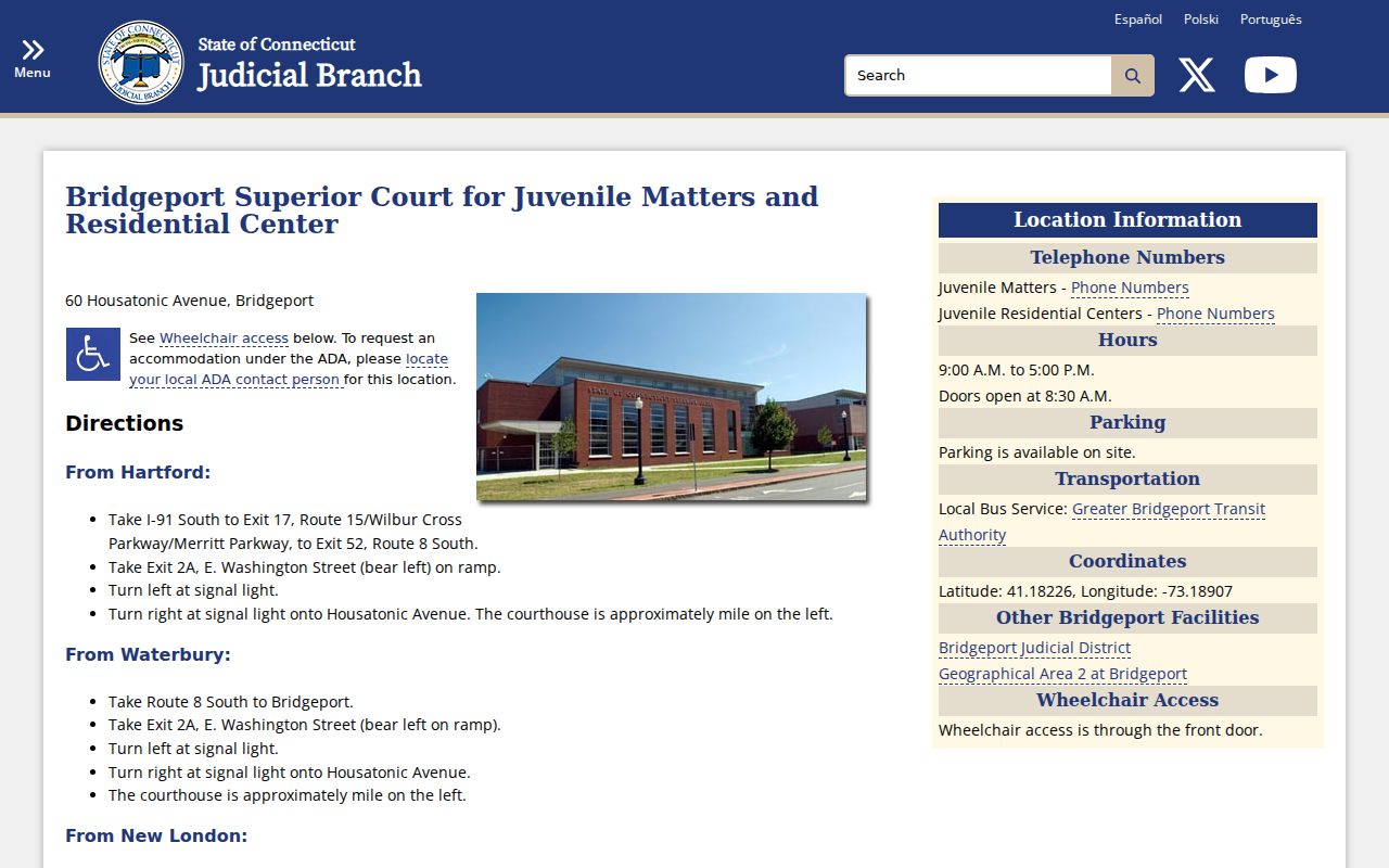 Town of Stratford County court dockets Bridgeport juvenile matters location