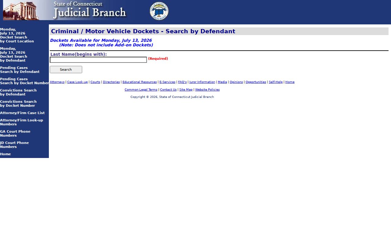 Town of Stratford County court dockets daily search by defendant