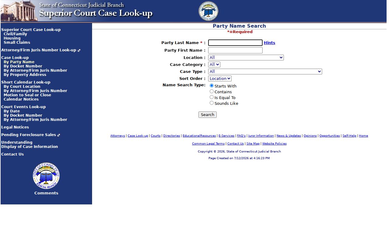 Town of Stratford County court records party name search in Superior Court