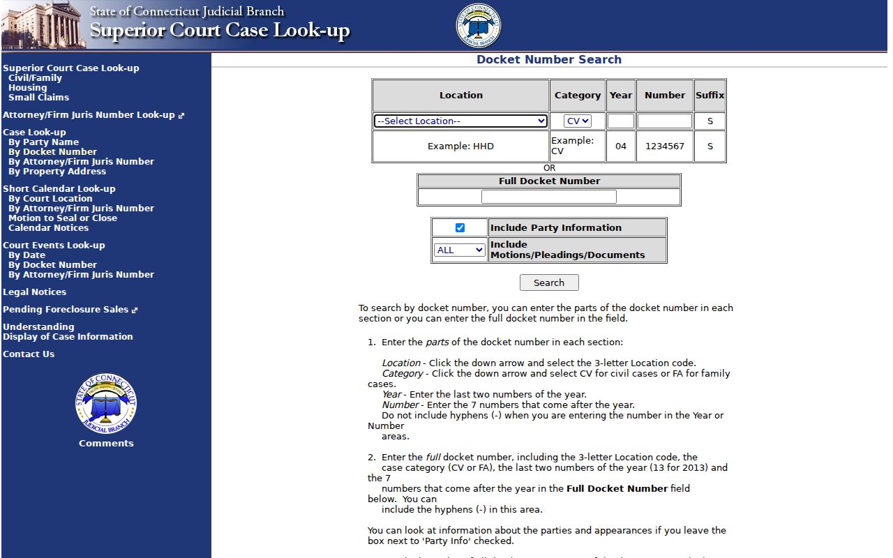 Town of Stratford County court records docket number search in Superior Court