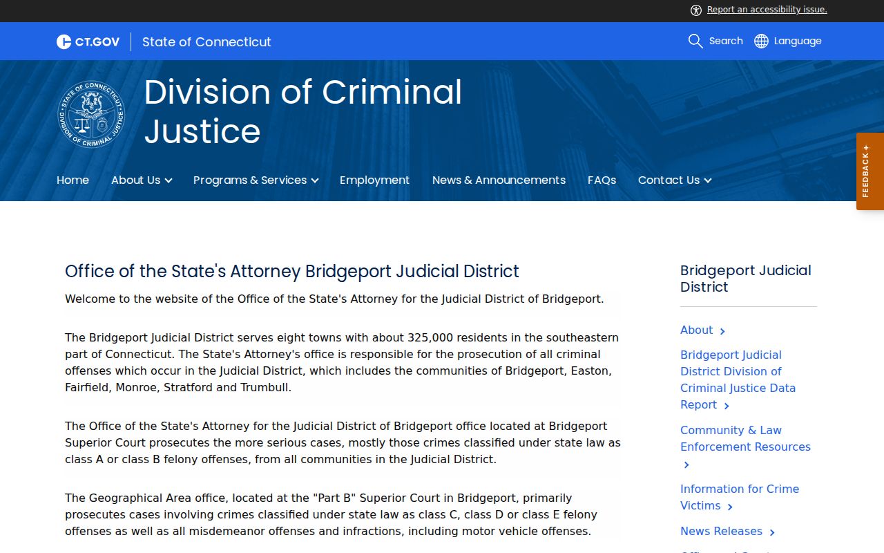 Town of Stratford County criminal court records Bridgeport State's Attorney