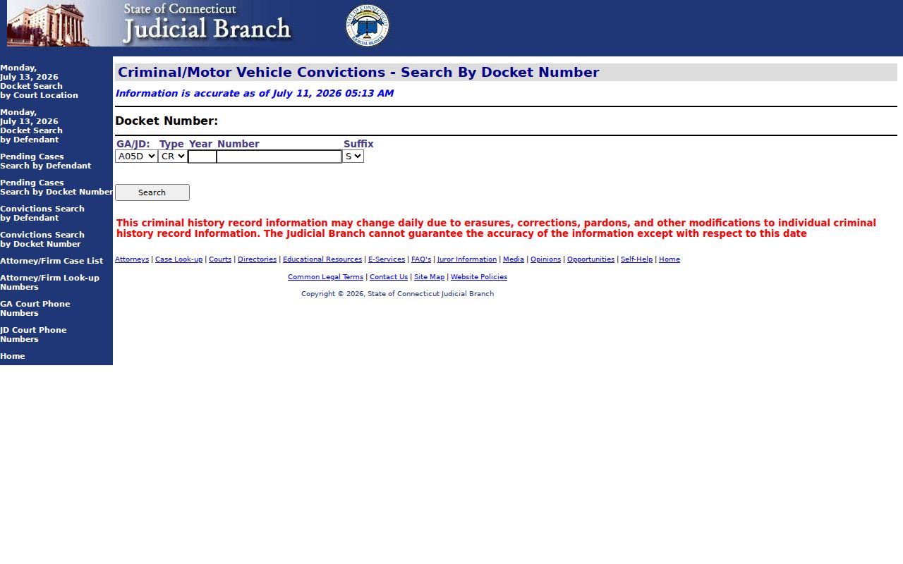 Town of Stratford County criminal court records conviction docket number search