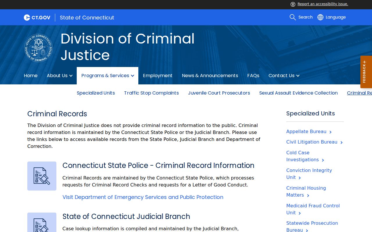 Town of Stratford County criminal court records Division of Criminal Justice record guidance
