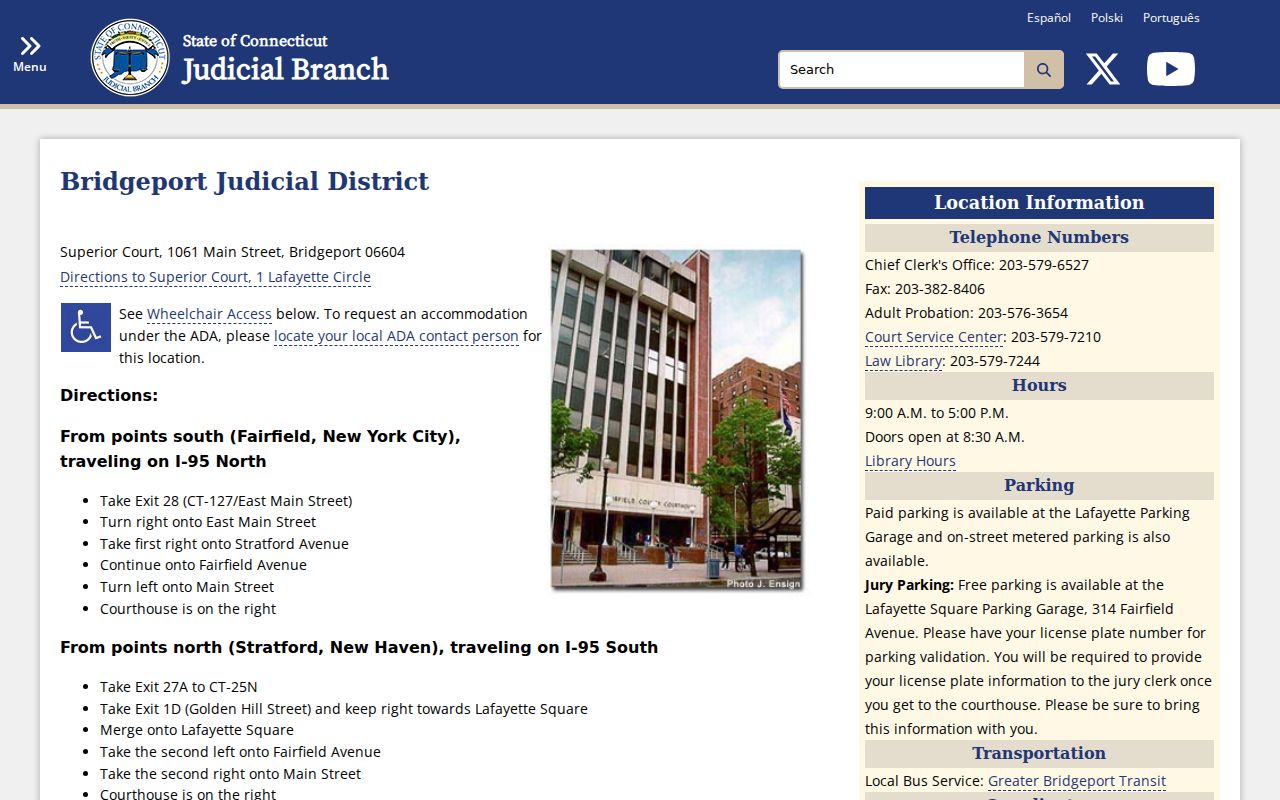 Town of Stratford County court records Bridgeport Judicial District directions
