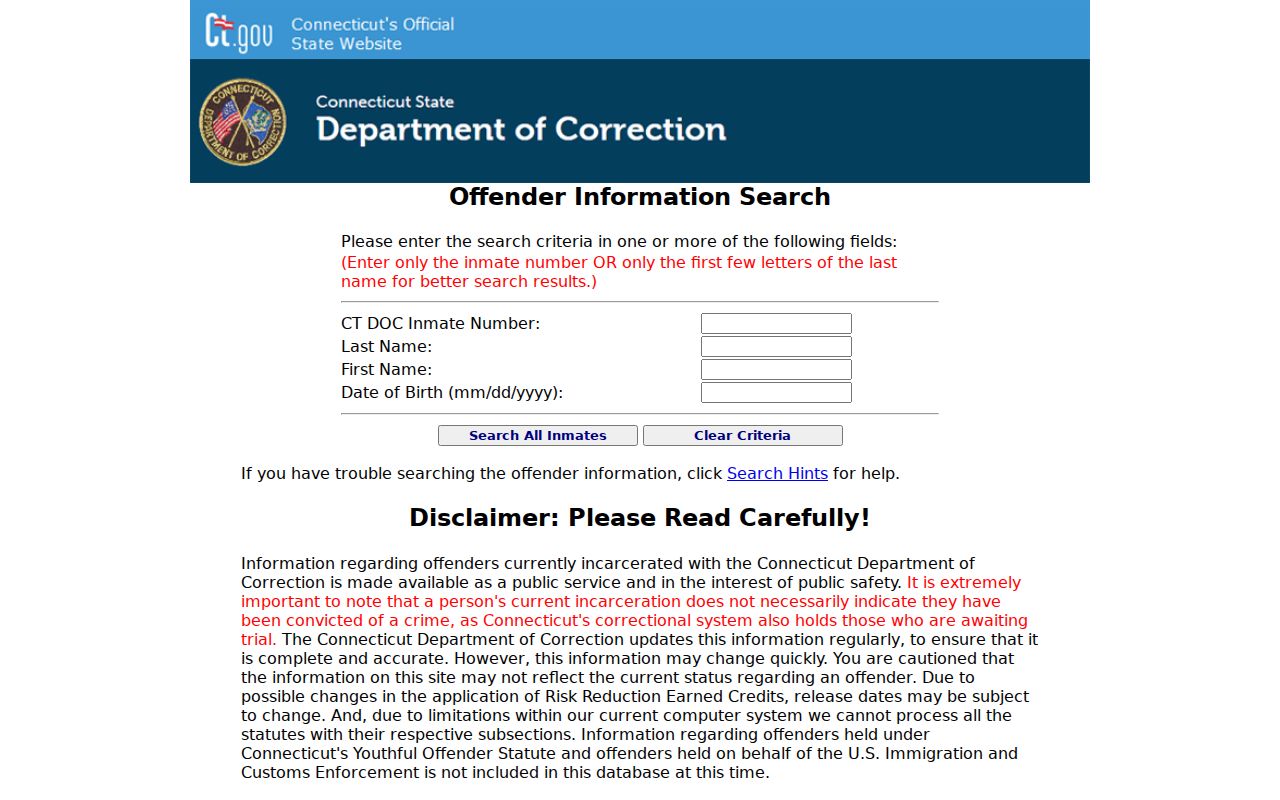 Town of Stratford County inmate records Connecticut DOC search
