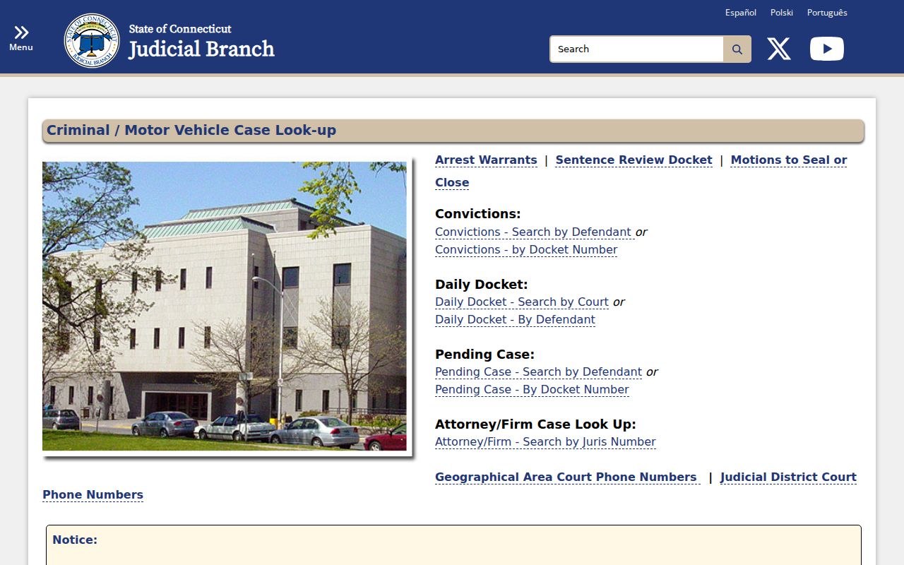 Town of Stratford County criminal and motor vehicle court records menu