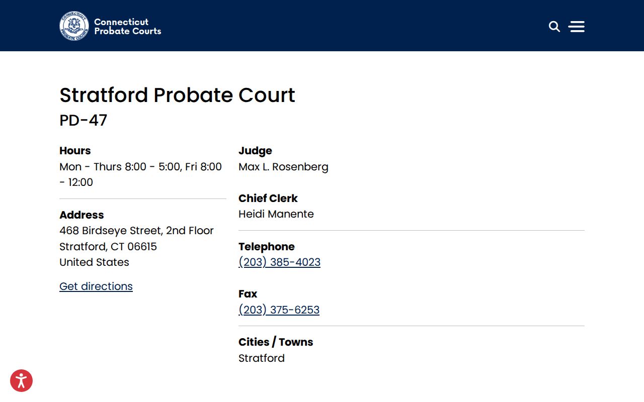 Town of Stratford County Stratford Probate Court records page