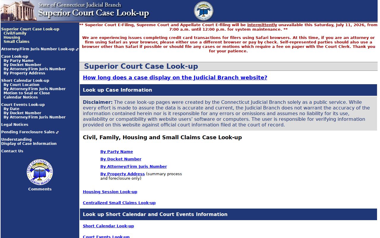 Town of Stratford County Superior Court civil family court records lookup