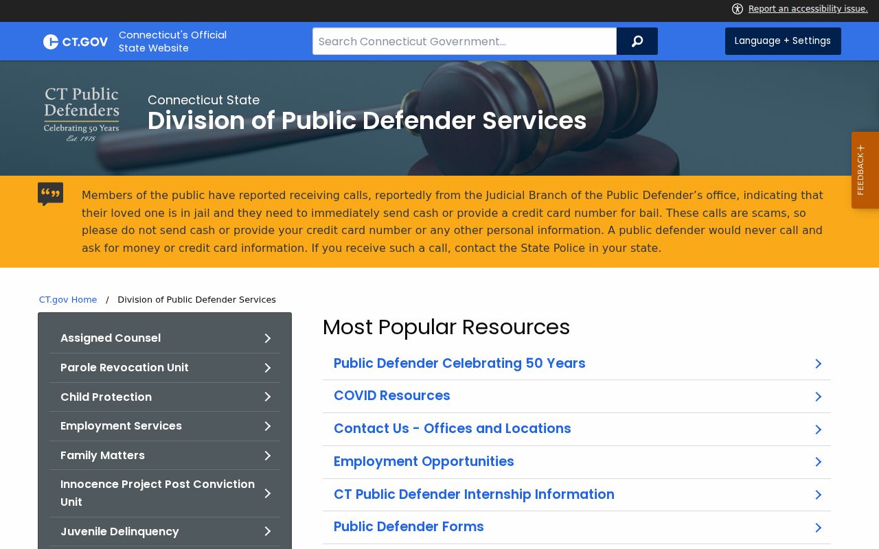Town of Stratford County inmate search Connecticut Public Defender warning