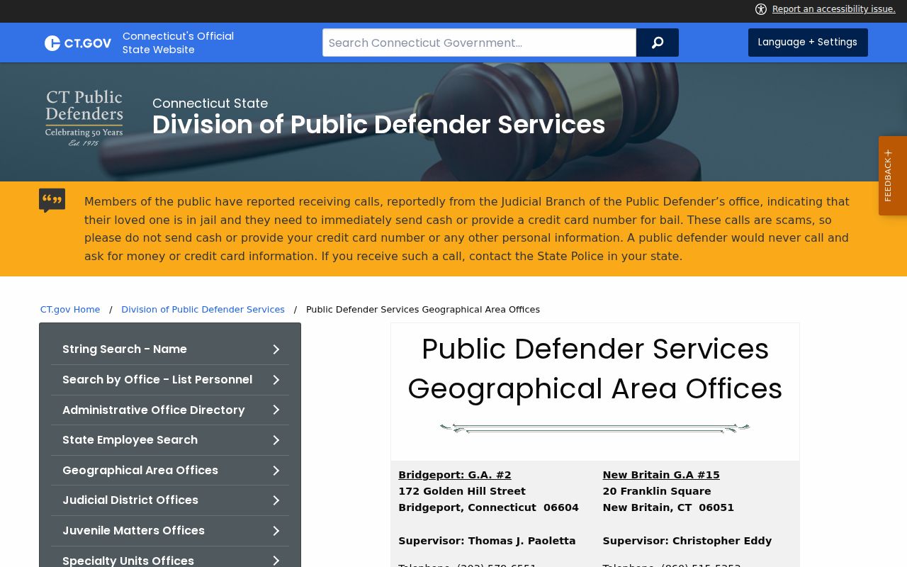 Town of Stratford County inmate records Bridgeport public defender office contacts