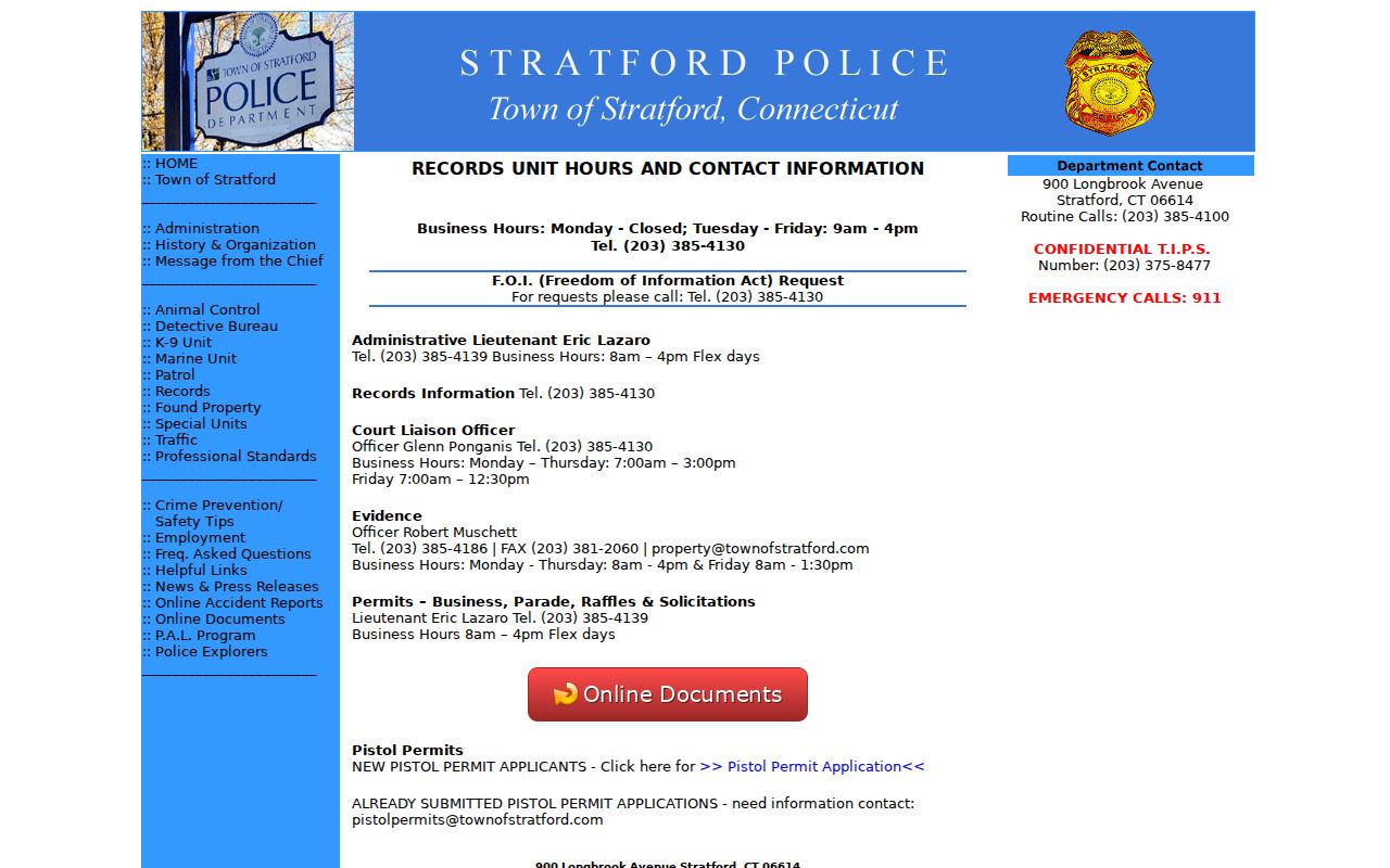 Town of Stratford County inmate records Stratford Police Records Unit