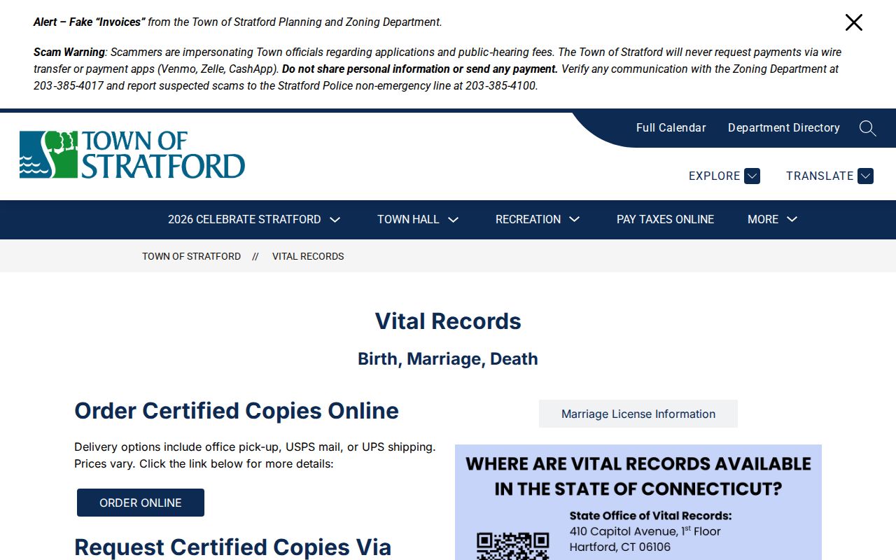 Town of Stratford County marriage records vital records fee source