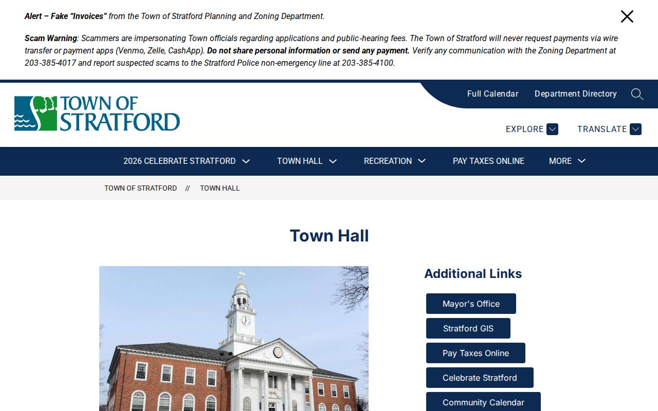 Town of Stratford County traffic court records Town Hall context