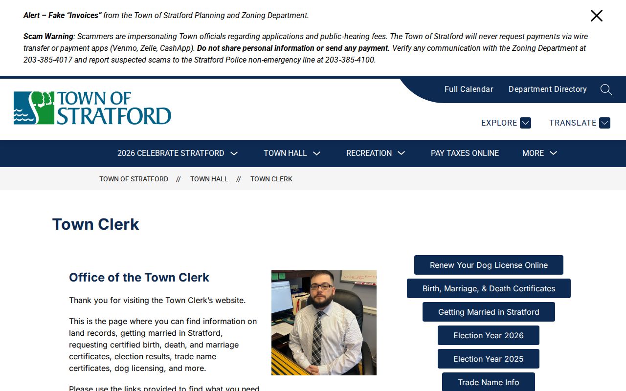Town of Stratford County traffic court records Town Clerk source
